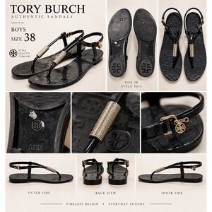 Tory Burch Boys 5333 Black Jelly Thong Sandals Logo Embossed Flat Size 38